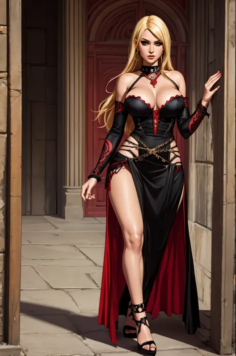 punk sorceress, red and black, long dress, leg slit, panty shot, panty slip, wardrobe malfunction, panties, blonde hair, areaola, walking