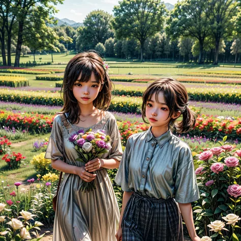 there is a little girl in a red and white dress holding a bouquet, girl in flowers, picking flowers, holding flowers, picking up a flower, girl standing in flower field, girl standing in a flower field, flowers on heir cheeks, girl in a flower field, portr...