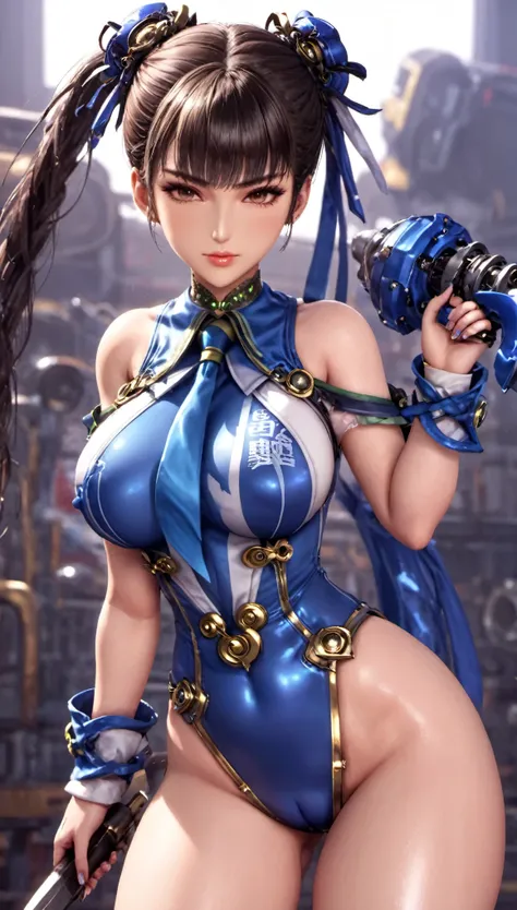 Eve wearing Chun Lis costume, Stellar Blade, large breast, thick thighs, curvy body,1girl,solo,heavy makeup,cute,earrings,ring braid,(lewd smile:1.1),holding mechanical sword,ponytail,idol,hooker, Chun Lis uniform,(battleground:1.1),