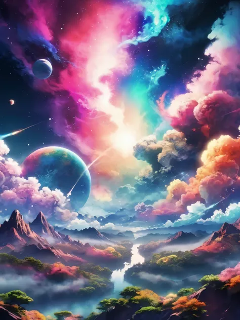 dreamy anime scenery, multicoloured space smoke