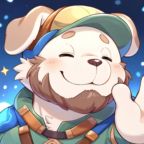 anthro, kemono, male, solo, ((round face, very plump face, thick beard)), ((endomorph body type, old-aged)), ((adventure costume:1.5)), ((domestic dog, dog) fluffy fur, fluffy), (simple background), ((say goodbye to viewer, waving his hand to viewer)), (pa...