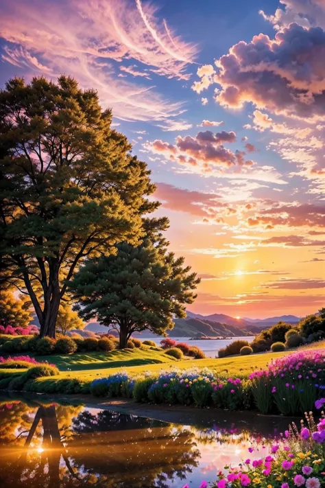 there is a beautiful sunset, the hillside is covered with flowers and plants, the flowers are up close, the colorful sky, the su...