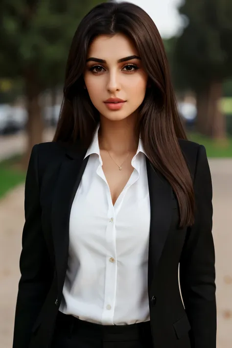 Beautiful woman (One) with Armenian features, long brown hair, Brown eyes, sculpted body, Eyes looking at the screen, medium height, weight corresponds to height, to have a beautiful body, (((in a black suit))) ((white solid background))