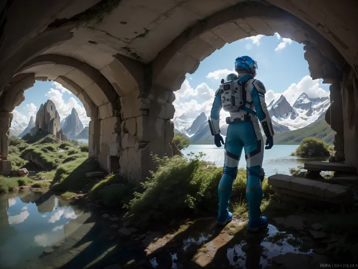 rear view, highly detailed color photo in RAW format, the whole body, from (astronaut, in a blue and white spacesuit, helmet, rib), outdoors, (looking at the ruins of an abandoned city, in the middle of a lake, on an alien planet), toned body, (Science fic...