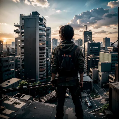 OVERHEAD VIEW, ultra realist, A JAPANESE SNIPER ON TOP OF A BUILDING, 30 YEARS OLD, OBSERVATION POSE, SUN RISE, LOOKING AT THE POST-APOCALYPSE RUINED AND DESTROYED TOKYO CITY,HOSTILE ENVIRONMENT, IMPACTFUL VISUAL DESTRUCTION, STYLE THE LAST OF US, outdoor ...