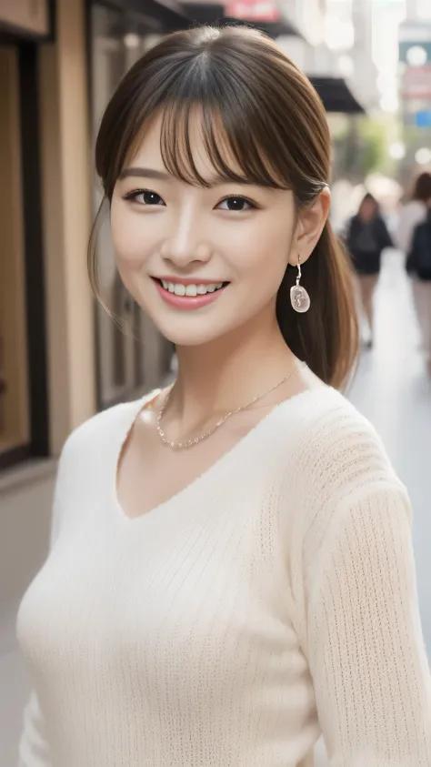 hostess face、Married women、Married Woman、Beauty、White knitted shirt、skirt、high quality、Super Ultra Realistic、healthy、smile、Perfect figure、Japanese Beauty、 necklace、Earrings、Perfect eyes, beautiful skin、Upper Body、Look at the camera、Shopping Street