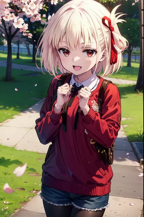 chisatonishikigi, Chisato Nishikigi, long hair, bangs, Blonde, (Red eyes:1.5), hair ribbon, happy smile, smile, Open your mouth,Red oversized sweater,Shorts,Black pantyhose,Mini Boots,Cherry blossoms are blooming,Cherry blossoms are scattered,Cherry blosso...