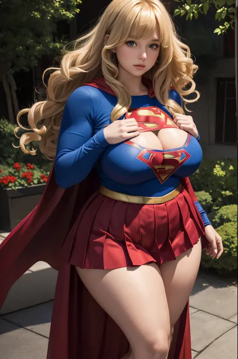 Supergirl, 27 years old, full body shot, Beautiful woman shoulder length curly blonde hair, two side up with bangs, ringlets, shoulder length curly blonde hair with bangs, two side up, ringlets, shoulder length curly blonde hair with bangs, two side up, ri...