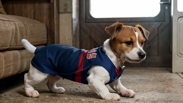 Jack Russel terrier breed dog with the Fortress railway uniform, com uma bola de futebol, cinematic quality 