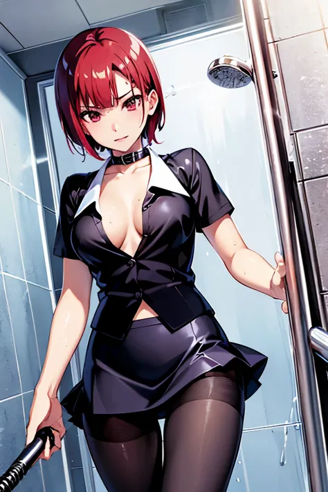 Rio, Super Blackjack、Red Hair、Short Hair、((blouse))、((pantyhose))、mini skirt、Photo from below、Medium chest、((shower room))、Rio・デ・カーニバル、((Get wet all over))、Black Bra