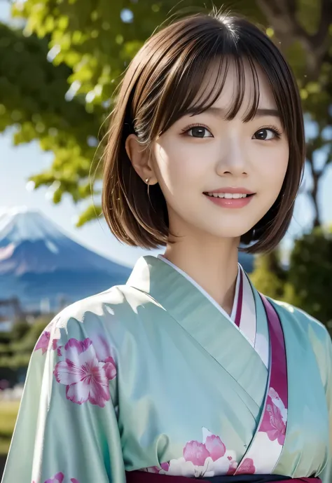 (masterpiece, best quality:1.1), (8k, raw photo, photo realistic:1.2, f22), (shiny skin), detailed skin, Medium Bob,detailed face, detailed eyes, smile,BREAK, real world, intricate details, smil, BREAK, 1girl, (kimono), BREAK, (Mt.Fuji:1.4), BREAK