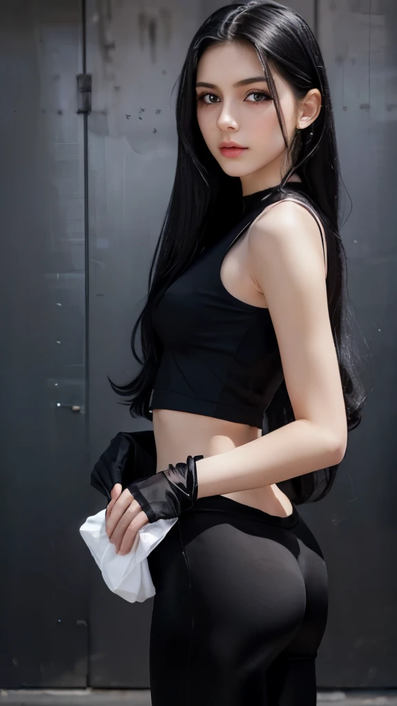 A long wavy black haired mexican girl, blue eyes, 15 years, young, pale skin, slender body, small breast, tiny chest, Ultra high res, uhd, (photorealistic:1.4), doll-like face, wearing black sleeveless tight shirt and long baggy pants, black silk gloves, f...