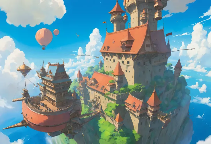 laputa,floating castle,blue sky,sky high,many battle ships,from below,flying robot