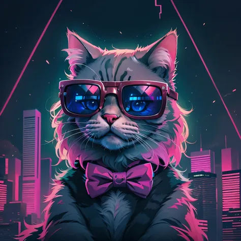 there is a cat wearing sunglasses and a bow tie, synthwave art style ]!!, synthwave art style, furry digital art, awesome cat、4 ...