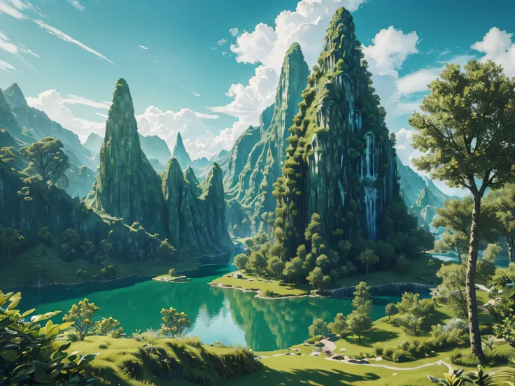 (best quality,4k,8k,highres,masterpiece:1.2),ultra-detailed,(realistic,photorealistic,photo-realistic:1.37),green crystal kingdom,green crystal tower,green lakes,green sky,white clouds.