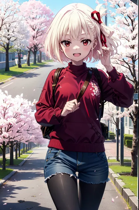 chisatonishikigi, Chisato Nishikigi, long hair, bangs, Blonde, (Red eyes:1.5), hair ribbon, happy smile, smile, Open your mouth,Red oversized sweater,Shorts,Black pantyhose,Mini Boots,Cherry blossoms are blooming,Cherry blossoms are scattered,Cherry blosso...