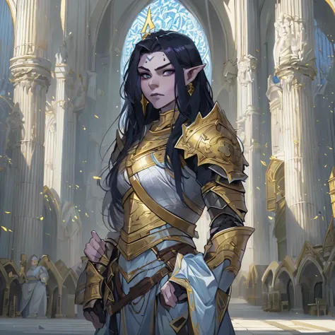 masterpiece, best quality, highres, absurdres, best quality, (Medium Full Portrait:1.5), (((Beautiful 1Women Orc))), (light-blue skin), 20-years-old, long black hair, bright violet eyes, ((gold and white simple half-plate armor)), background: a beautiful s...