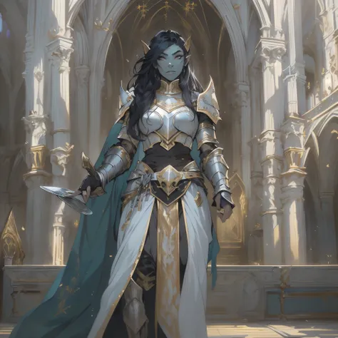 masterpiece, best quality, highres, absurdres, best quality, (Medium Full Portrait:1.5), (((Beautiful 1Women Orc))), (light-blue skin), 20-years-old, long black hair, bright violet eyes, ((gold and white simple half-plate armor)), background: a beautiful s...