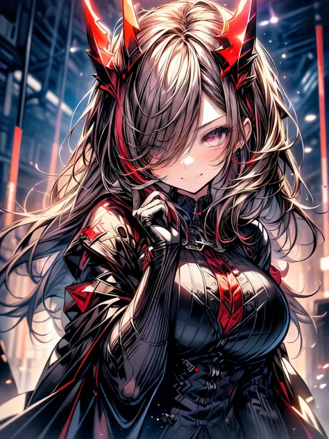 ((((masterpiece, best quality, ultra detail, very_high_resolution, large_filesize, full color)))), 1girl, smirk Smile, Devils Horns, Devils Wings, red sparkle in the eyes, ((ultra detailed eyes)), stick out tongue, ((Cute breasts)), one eye closed, contras...