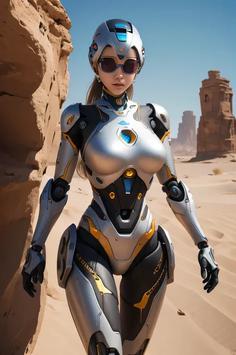 A female robot active in the desert　Mechanical body　Withstanding the dazzling sunlight, UHD, retina, masterpiece, ccurate, anatomically correct, textured skin, super detail, high details, high quality, award winning, best quality, highres