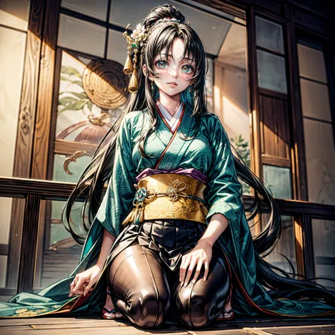 masterpiece,highest quality,Ultra high definition, Ono no Komachi, ancient Japanese court, graceful, elegant, kimono, deep jade green eyes, jet black hair, long flowing straight hair, golden hairpin, calm and pensive expression,Center parted haircut,hair p...