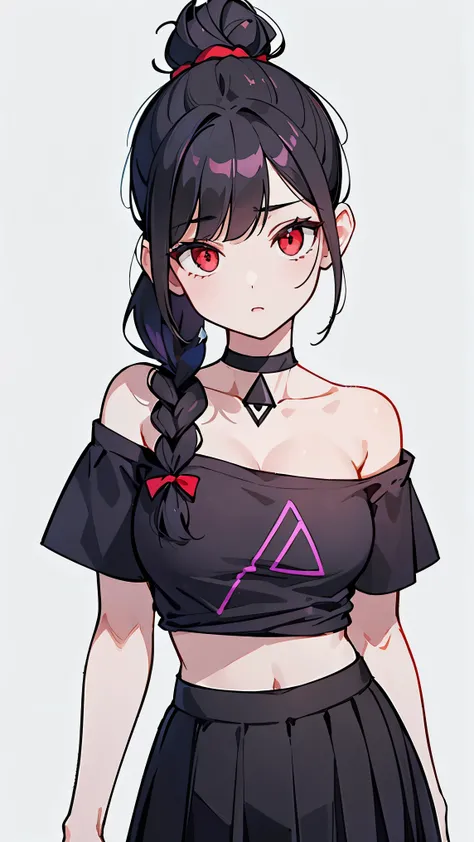 (Girl1,triangle face,red eyes),(black hair,top Knot hairstyle),(purple t-shirt off-the-shoulder neckline,short skirt),standing,white wallpaper,Highly detailed ,8K wallpapers،Highest quality, high resolution, beautiful lighting, detailed shadow,high resolut...