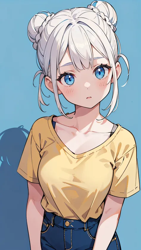 (Girl1,round face,blue eyes),(white hair,double buns hairstyle),(yellow t-t-shirt illusion neckline,blue short pants),standing,black wallpaper,Highly detailed ,8K wallpapers,high resolution, beautiful lighting,detailed shadow, high resolution،highly detail...