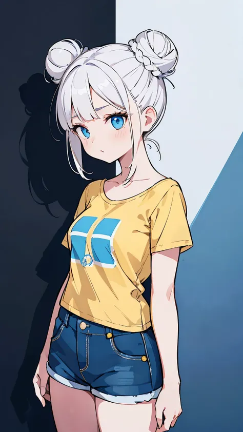 (Girl1,round face,blue eyes),(white hair,double buns hairstyle),(yellow t-t-shirt illusion neckline,blue short pants),standing,black wallpaper,Highly detailed ,8K wallpapers,high resolution, beautiful lighting,detailed shadow, high resolution،highly detail...