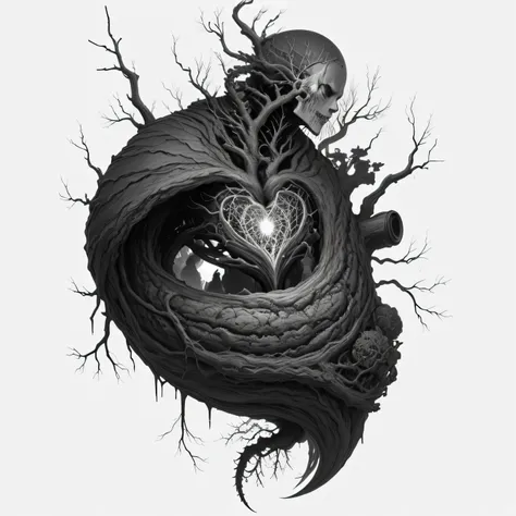 a black and white drawing of a human heart with a tree growing out of it, anatomical heart, gothic harts, real heart, human heart, anatomically correct heart, rhizomatic lifeform, anton semenov, highly detailed dark art, gotic harts, aorta, lovecraftian cr...