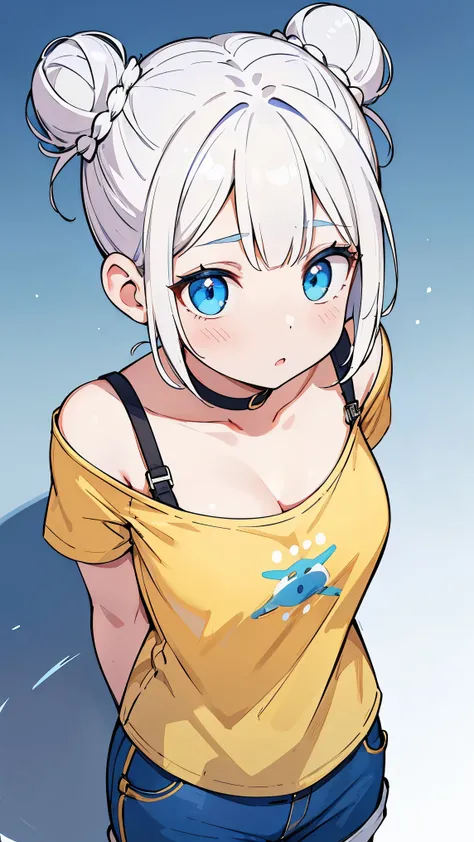 (Girl1,round face,blue eyes),(white hair,double buns hairstyle),(yellow t-t-shirt illusion neckline,blue short pants),standing,black wallpaper,Highly detailed ,8K wallpapers,high resolution, beautiful lighting,detailed shadow, high resolution،highly detail...