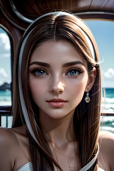 Generate an image of a British woman in light brown with a white streak in a serene, bright environment. Your face is marked by distinct features, including a heart-shaped mouth, very visible eyelashes and a serene look. She has a marked jaw and a nose wit...