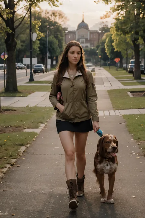 (best quality, realistc, highres)A german hard-haired pointer(1.2), muscular and strong (1.2), is taking a walk with a Russian girl. The girl has shoulder-length, straight, russet hair. The pointer has beautiful, intelligent eyes and a snub nose. The girl ...