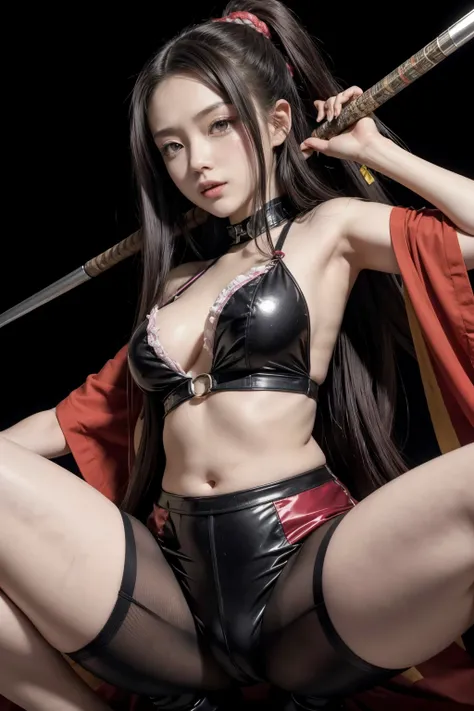 Masterpiece 8k wallpaper photograph of full body a young and beautiful 14 years old nezuko chan, her cute tiny detailed body frame of 145cm height with slim waist and thin thighs, flat and smooth abdomen, contrast with her large-size full breast, fat ass a...