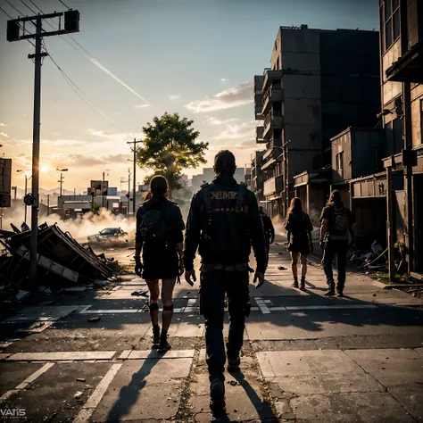 shoulder LEVEL shot VIEW, HYPER REALIST, three survivors looking for a safe place, wearing horror movie masks and heavy weaponry, giving off an air of superiority in the style of the purge movie, WALK POSE, SUN RISE, STANDS ON STREET OF THE POST-APOCALYPSE...