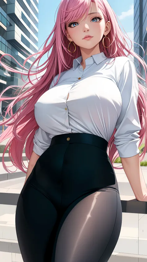 (best quality:1.5, highres, UHD, 4K, detailed lighting, shaders), pink wavy hair, gradient hair, large breasts, suit, social lomg pants, mature woman , (pov), white background, colorful eyeshadow, dramatic lighting, sparkling eyes, sensual expression, gold...