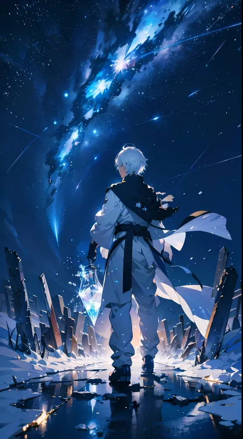 Japanese anime, boy, alone, silver white hair, white glass shards, crystallization, night sky, winter night, starry sky, shooting star crossing, solo, silence, rendering, best quality, masterpiece, full body, particle light effects, rendering