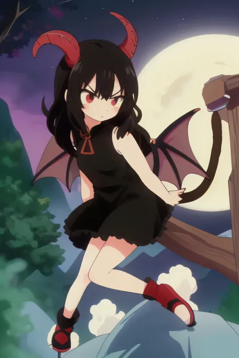 A young girl with cream skin color with a serious look her lips closed with a serious expression arms crossed a serious expression black hair color with some red strands she is half demon and half sayayin demon wings and a sayayin&#39;s tail a monkey&#39;s...