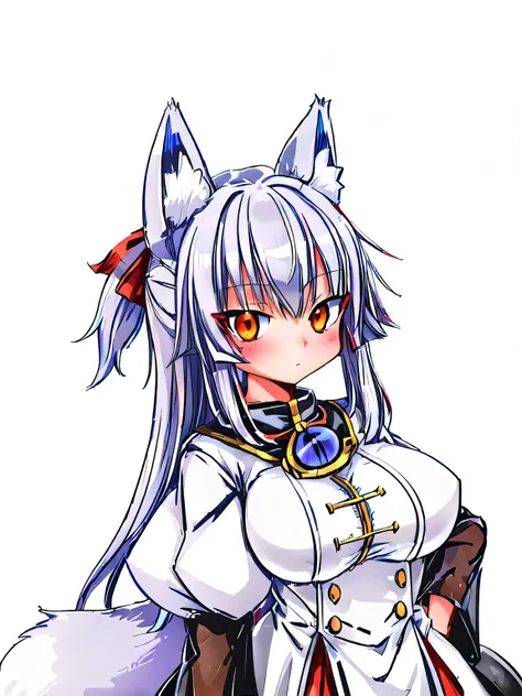 (kemonomimi fox girl:1.2), (fantasy town soldier:1.2), (silver hair), (portrait:1.0), (evil eyes:1.0), (solo:1.3), (white background)