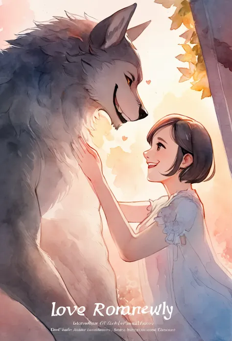 cover page, highres, top quality, best quality, paid reward available, unparalleled masterpiece, perfect artwork, absurdres, High-quality illustrations, watercolor, soft color, love story of human girl and giant Werewolf, love romance, pair, Height differe...