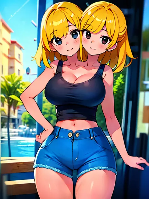 best quality, (masterpiece),(ultra-detailed), (high quality), (high resolution), ((2heads:1.5)), best quality:1.5, highres, UHD, 16K), smiling, highres, masterpiece, (blonde hair), (cleavage), (black tank top), medium long hair, ((blue denim shorts:1.5)), ...