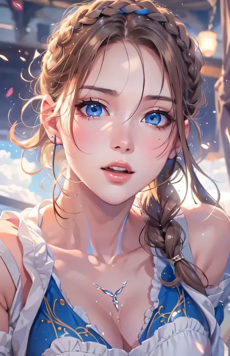 ((highest quality)), ((masterpiece)), (Get used to it), masterpiece、highest quality、High resolution、High-quality images、8k, 1 female、Skin Radiance、Texture of skin and clothing、Expression of fine eyes、Shiny light light brown hair,Girl with long braided hair...