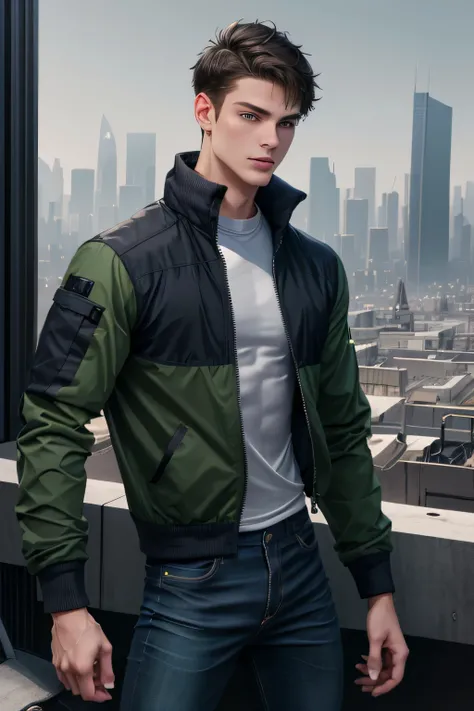 25 year old young guy, Beautiful, model appearance, Ideal, has straight short dark hair. Very short haircut. raised hair. Dressed in a green jacket, dark jeans, wears dark gray shoulder pads. White stripes on the jacket. stands on the roof of a skyscraper ...