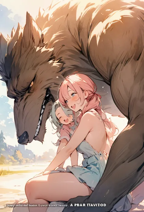 cover page, highres, top quality, best quality, paid reward available, unparalleled masterpiece, perfect artwork, absurdres, High-quality illustrations, watercolor, soft color, love story of human girl and giant Werewolf, love romance, pair, Height differe...