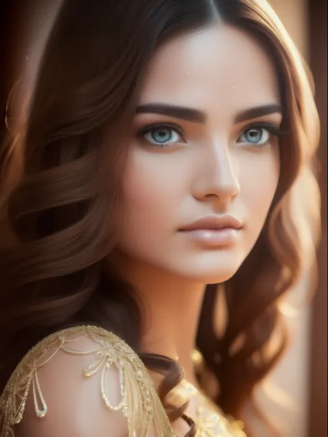 Bohemian beauty , bold lipstick, long flowing hair, waist chains , rich organza clothing with golden details, cell is shaded, dynamic lighting, portrait,No, VLP, unreal engine, global illumination, detailed and intricate environment, complex painting, HD, ...