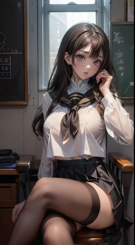 (highest quality), (((masterpiece))), Black Hair,  (Perfect Eyes), ((A neat black sailor suit)), classroom, ((Huge breasts)), ((すっきりとした黒のskirt)), ミニskirt, , ((Perfect Fingers)), (Perfect Anatomy), (Perfect Face)、Expose&#39;Between the legs、I can see your c...