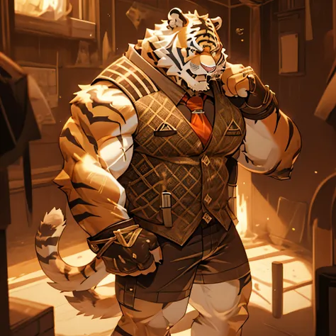 alone, short hair, open mouth, shirt, gloves, animal ears, underwear, tail, full body, male focus, thighs, tie, glasses, shorts, collared shirt, fingerless gloves, vest, muscular, bulge, closed eyes, furry, tiger tail, tiger tail, tiger tail, tiger tail, t...