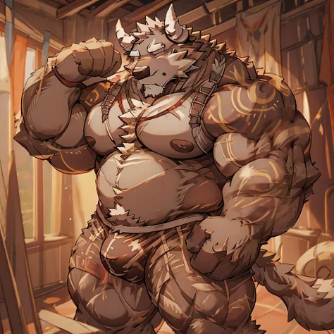 alone, short hair, open mouth, shirt, gloves, animal ears, underwear, tail, full body, male focus, thighs, shorts, collared shirt, fingerless gloves, vest, muscular, bulge, furry, tail bull, big pecs, muscular male, big pecs, male underwear, eyes closed