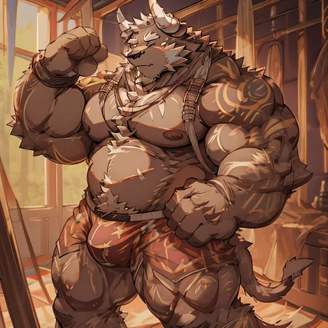 alone, short hair, open mouth, shirt, gloves, animal ears, underwear, tail, full body, male focus, thighs, shorts, collared shirt, fingerless gloves, vest, muscular, bulge, furry, tail bull, big pecs, muscular male, big pecs, male underwear, eyes closed