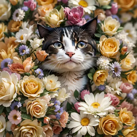 a cat is hiding in the bouquet, covered with flowers, lots of flowers, covered with flowers, flowers bloom on the heir&#39;s che...