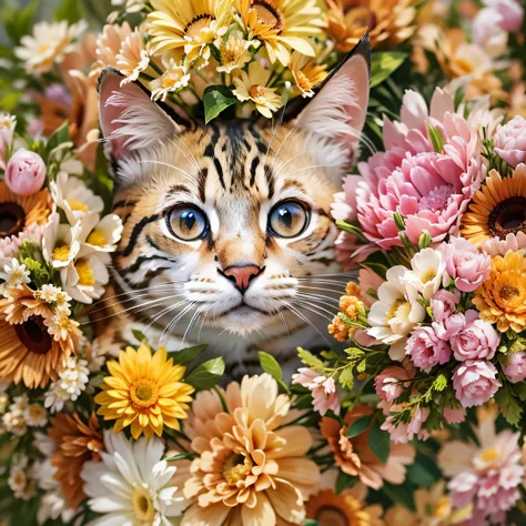 A cat is hiding in the bouquet, Photo by Brian Thomas, Shutterstock Contest Winner, Hyperrealism, Covered with flowers, Lots of flowers, Covered with flowers, Flowers bloom on the heir&#39;s cheeks, surrounded flower, beautiful cat, Surrounded by flowers, ...